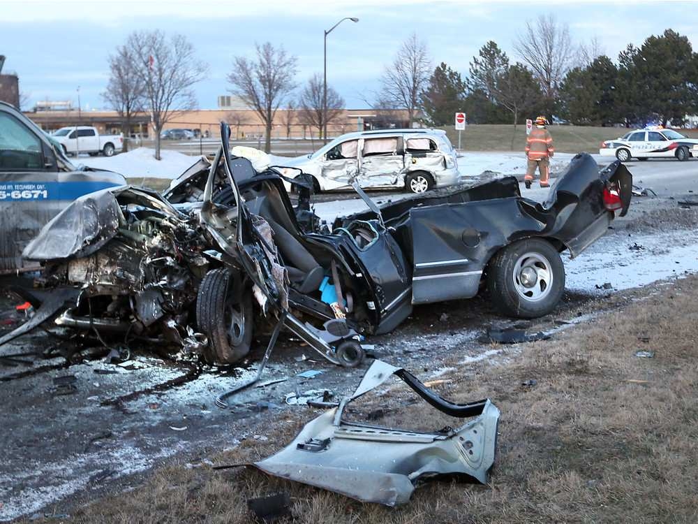 A shot of the completely destroyed pickup truck involved in the crash.