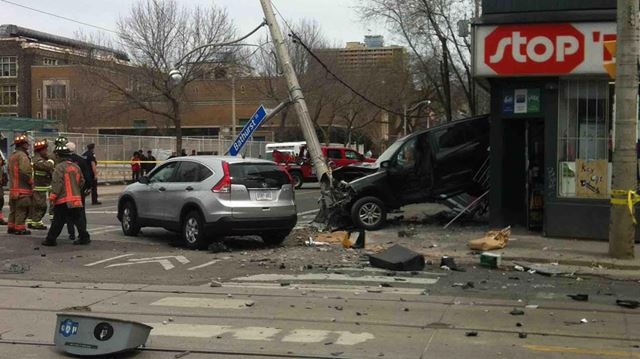 Photo courtesy of imgur A vehicle hit a pole then crashed into a bullding at Bathurst and Harbord streets.