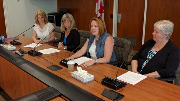 From left: Corrie Lamoureux, the mother of Jazmine Houle; Lisa Jelley, the mother of Caitlin Jelley; Leanne Lavoie, a volunteer with the Human League Association; and Jocelyne Philippe, the mother of Steven Philippe, spoke with media Friday about the new Impact 6/21 Foundation to promote a safe driving agreement. In the agreement parents pledge not to drive while impaired, and their children pledge to do whatever is needed to ensure they keep that promise. Photo by Jonathan Migneault.